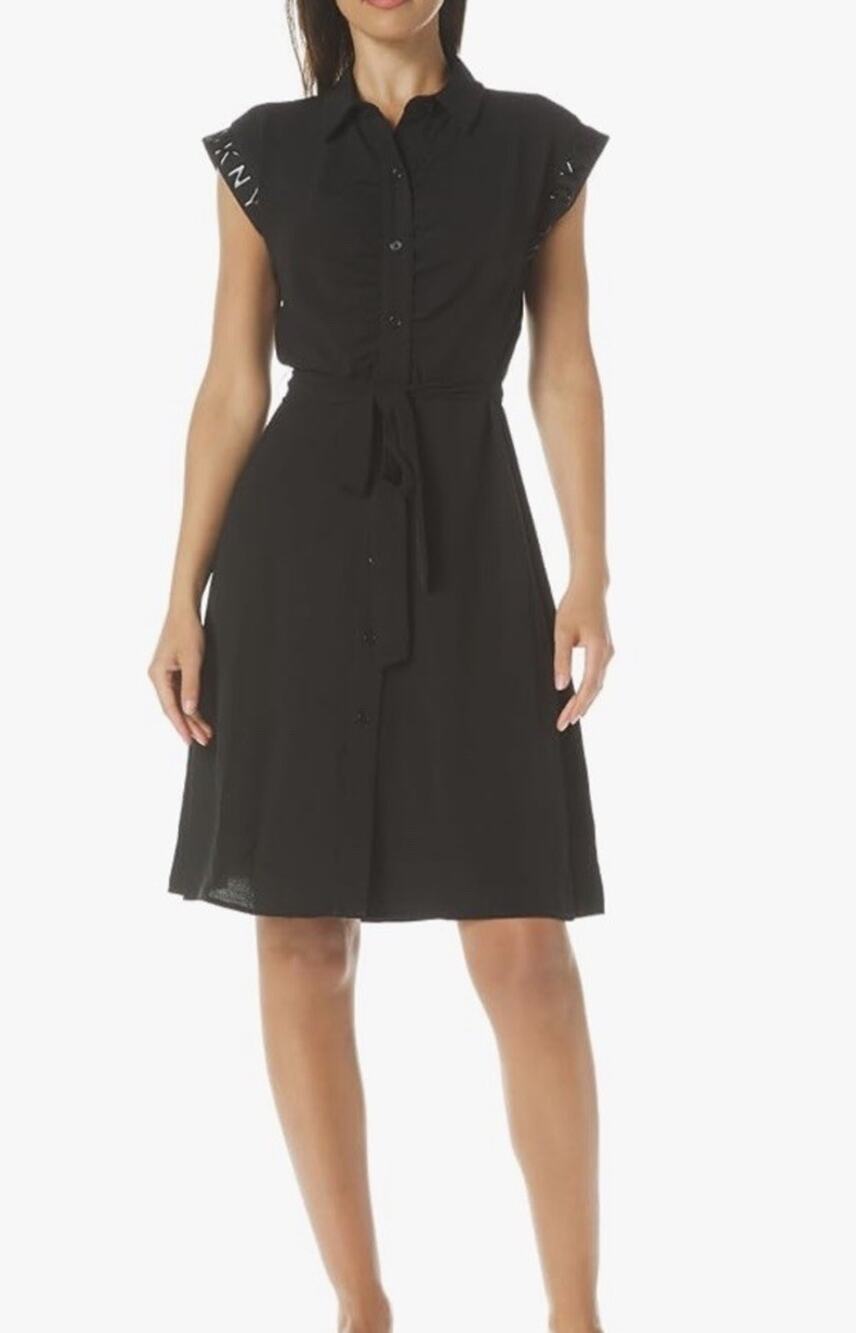 DKNY Women’s Black Button-Front Shirt Dress with Tie Waist Size 10